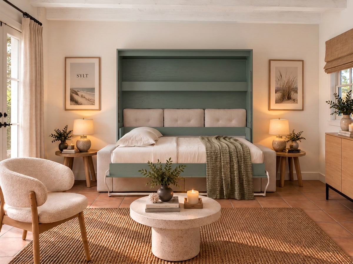Dasselbe Zimmer nachts mit heruntergeklapptem Wandbett und weißer Bettwäsche