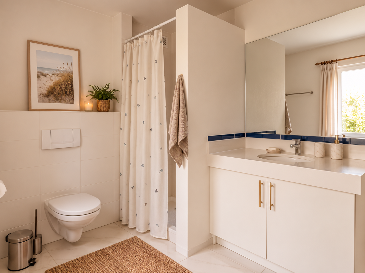 Bad mit Dusche, WC und Waschtisch im Tageslicht