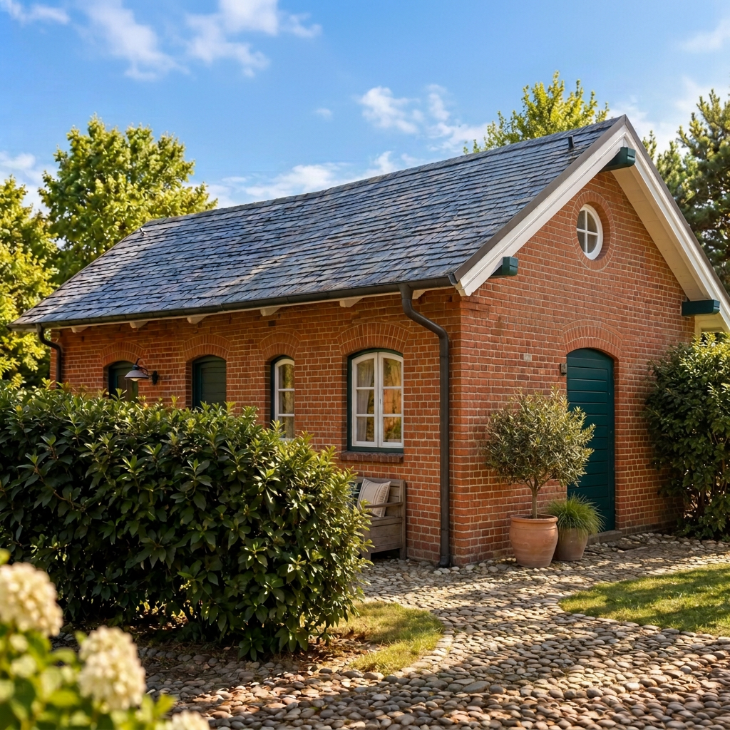 Das komplette Backsteinhaus Maison Lütt in Keitum auf Sylt mit Schindeldach und Garten im Vormittagslicht