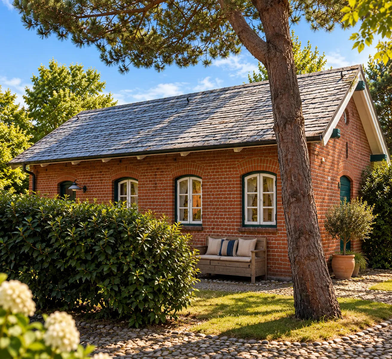 Maison Lütt – Backsteinhaus mit Rundbogenfenstern, Bank und Garten im Sonnenlicht