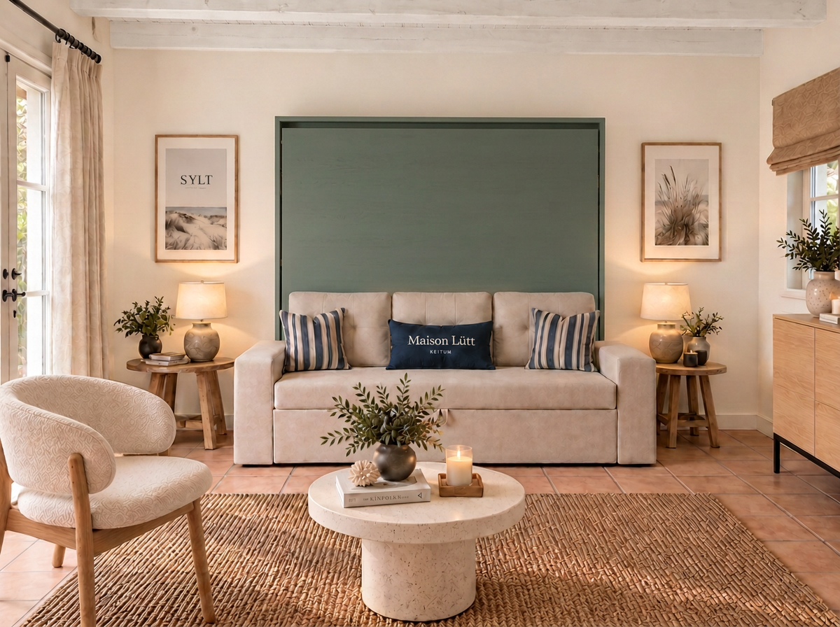 Wohnraum von Maison Lütt am Tag mit Sofa, Couchtisch und Eschenholzwand