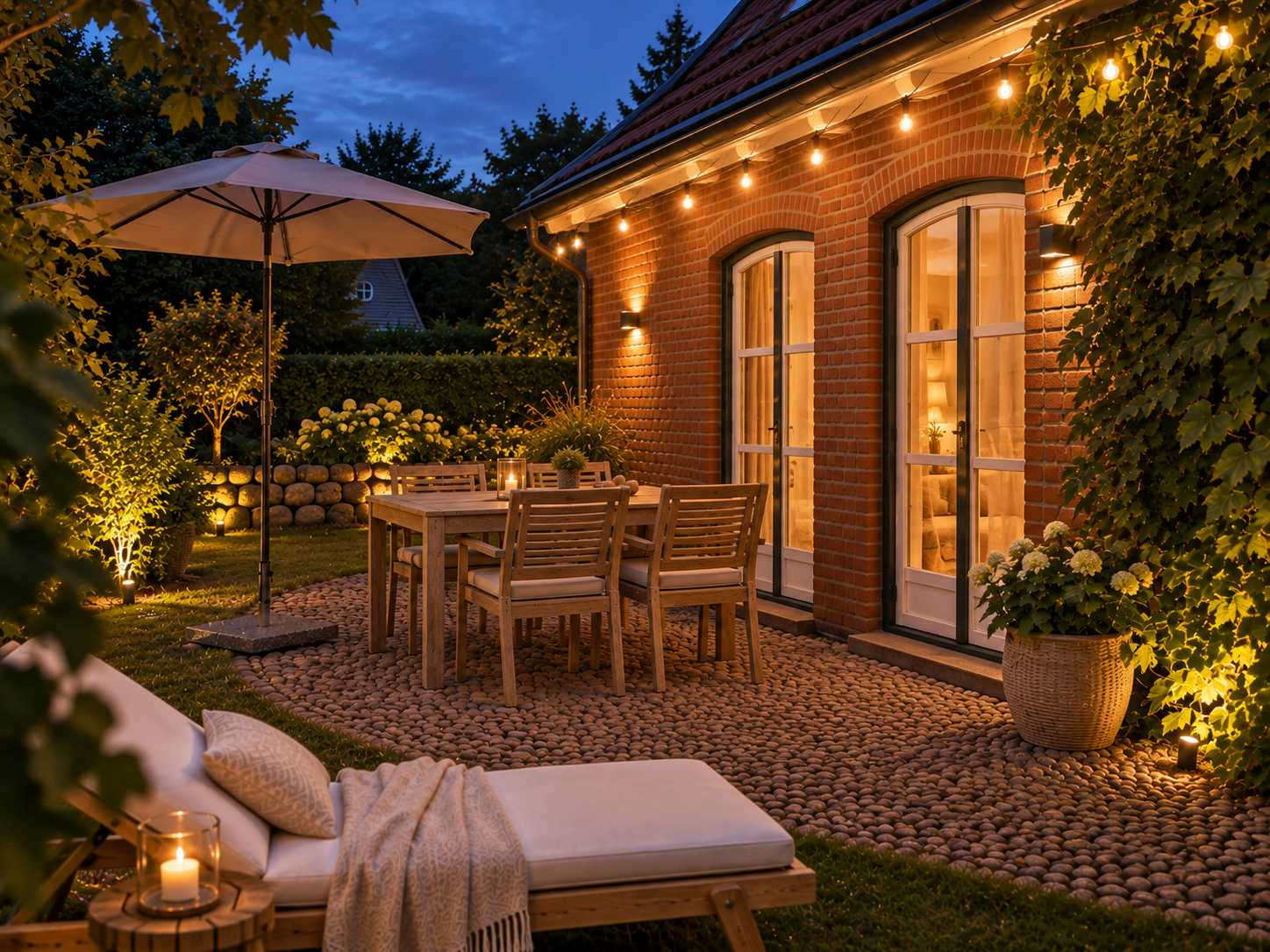 Terrasse von Maison Lütt am Abend im warmen Licht der Lichterkette, mit Kerzen und Decke auf der Sonnenliege