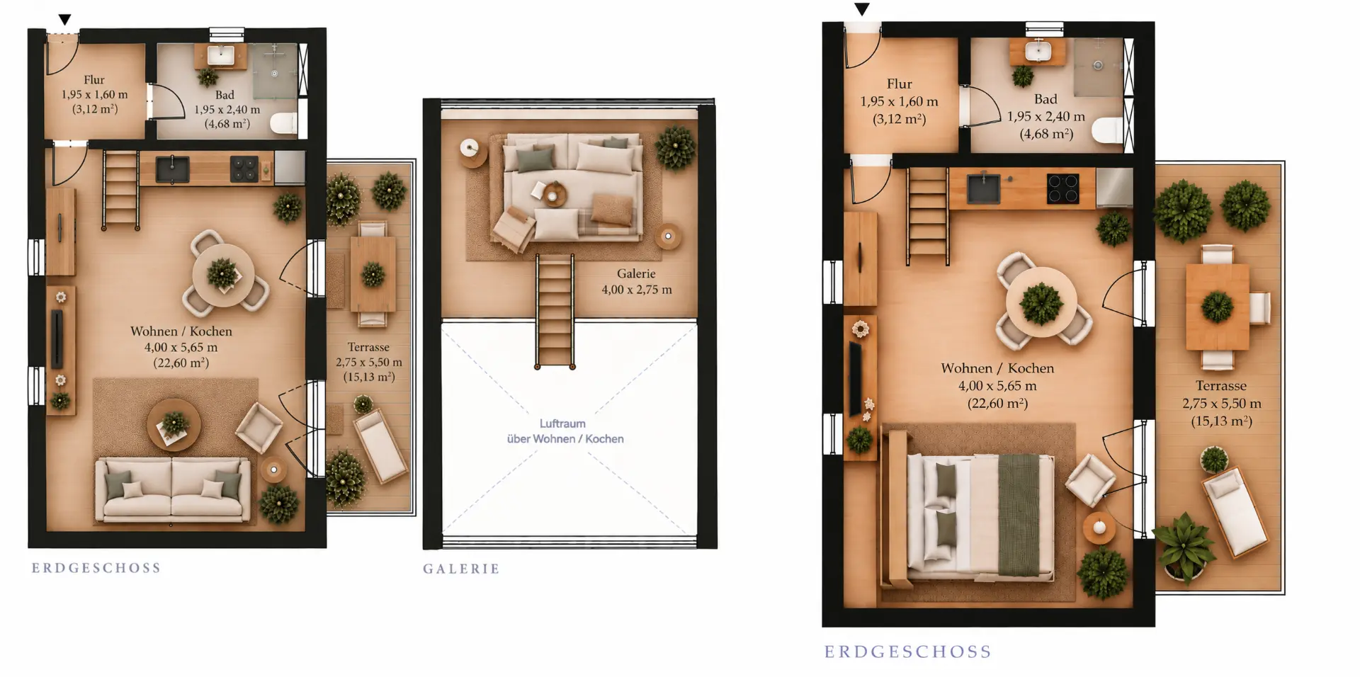 Grundriss von Maison Lütt – Erdgeschoss mit Flur, Bad, Wohn-/Küchenbereich und Terrasse sowie Galerie mit Liegefläche