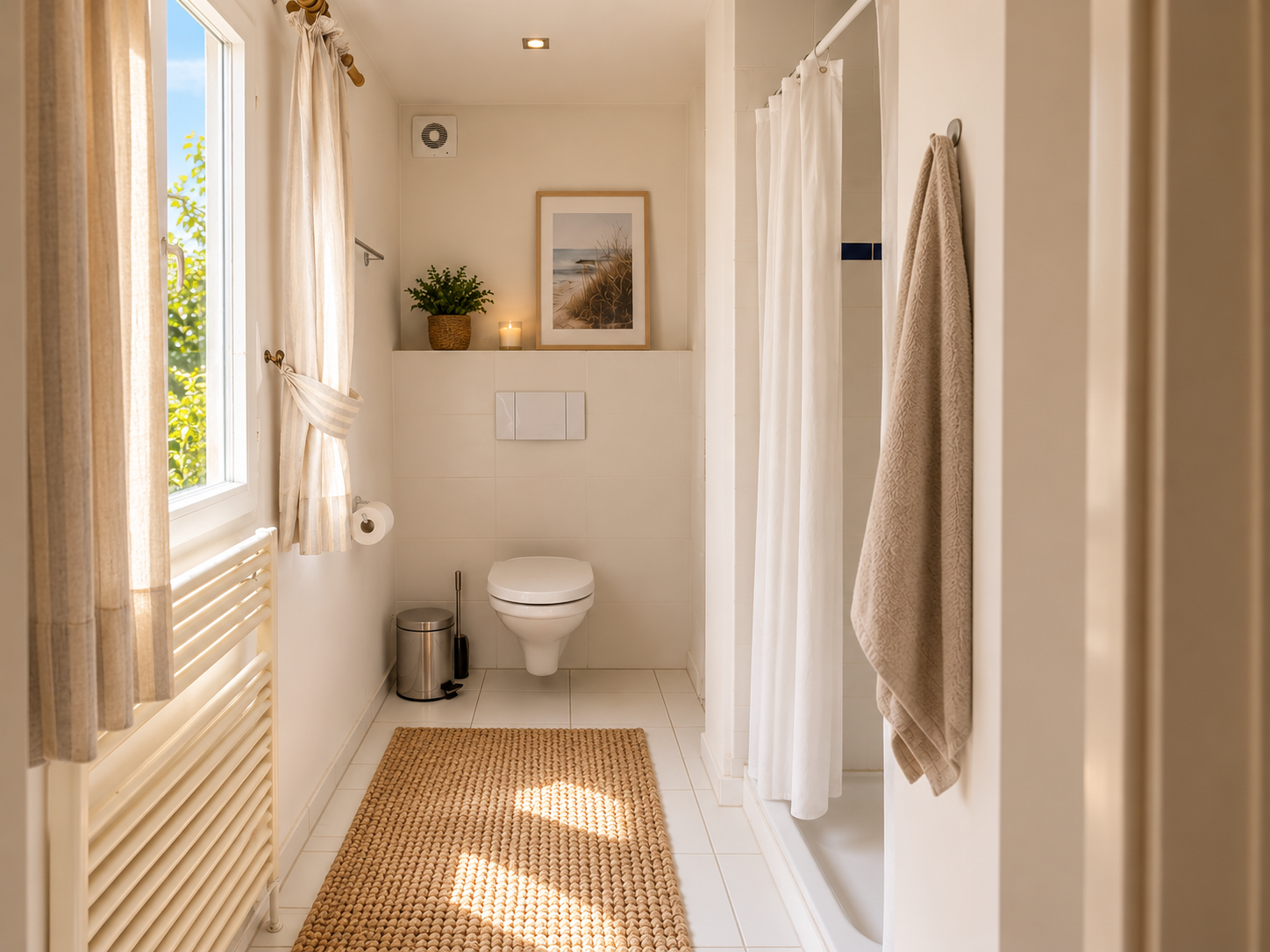 Bad mit Dusche, Fenster und Handtuchheizkörper im Tageslicht